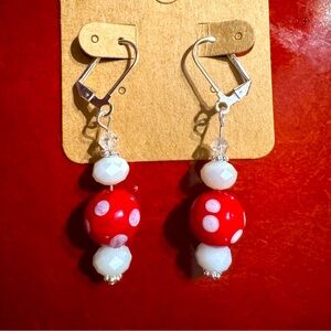 ***SOLD***NEW Hand Crafted Lampwork Glass Red & White Bead Pierced Earrings